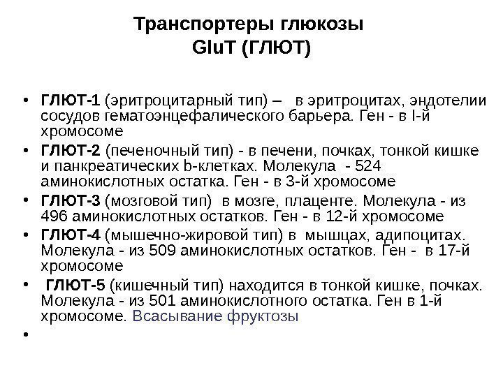 Транспортеры глюкозы Glu. T (ГЛЮТ) • ГЛЮТ-1 (эритроцитарный тип) –  в эритроцитах, эндотелии