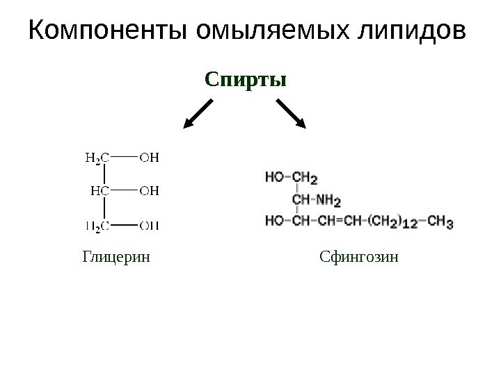 Компоненты омыляемых липидов Спирты Сфингозин. Глицерин 