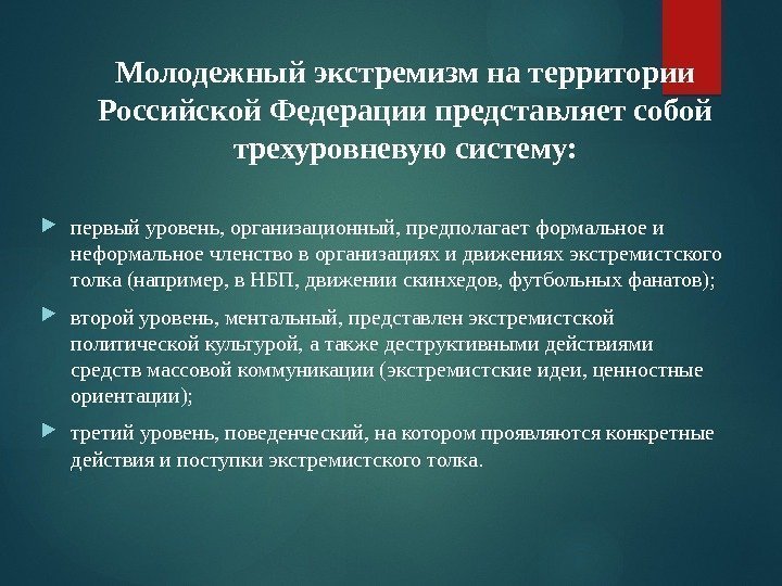 Молодежный экстремизм на территории Российской Федерации представляет собой трехуровневую систему:  первый уровень, организационный,