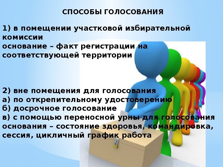 1) в помещении участковой избирательной комиссии основание – факт регистрации на соответствующей территории 2)