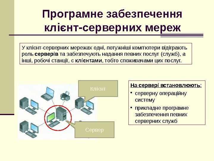 Програмне забезпечення клієнт-серверних мереж У клієнт-серверних мережах одні, потужніші комп'ютери відіграють роль серверів та