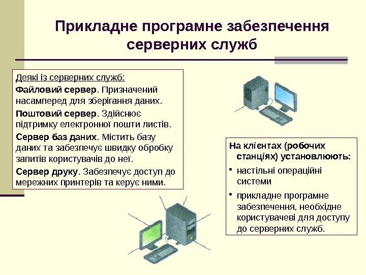 Прикладне програмне забезпечення серверних служб Деякі із серверних служб: Файловий сервер. Призначений насамперед для