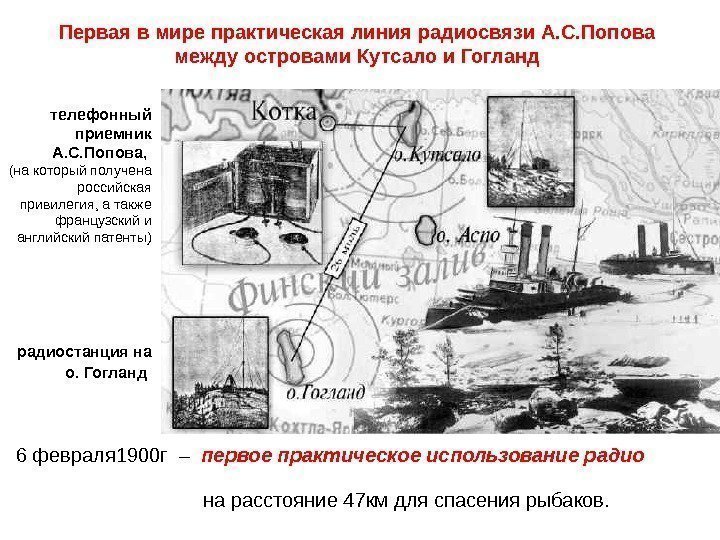    Первая в мире практическая линия радиосвязи А. С. Попова между островами