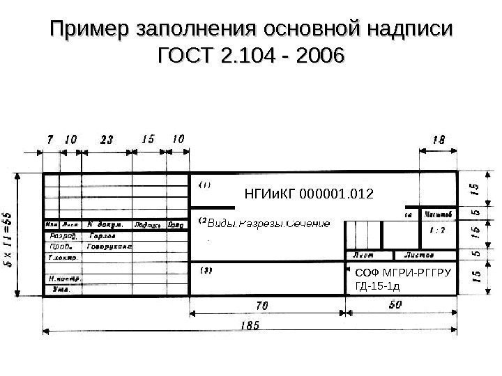 Пример заполнения основной надписи ГОСТ 2. 104 - 2006  НГИи. КГ 000001. 012
