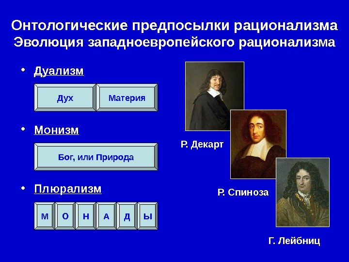   Р. Декарт Р. Спиноза Г. Лейбниц. Онтологические предпосылки рационализма Эволюция западноевропейского рационализма