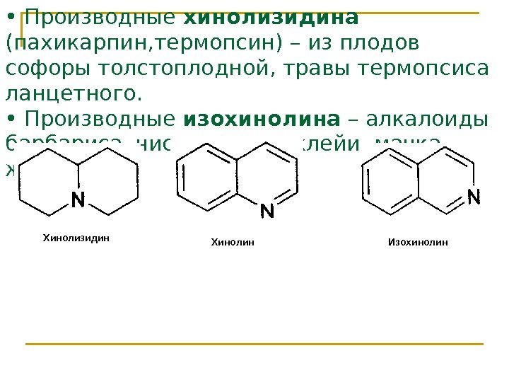  •  Производные хинолизидина  (пахикарпин, термопсин) – из плодов софоры толстоплодной, травы