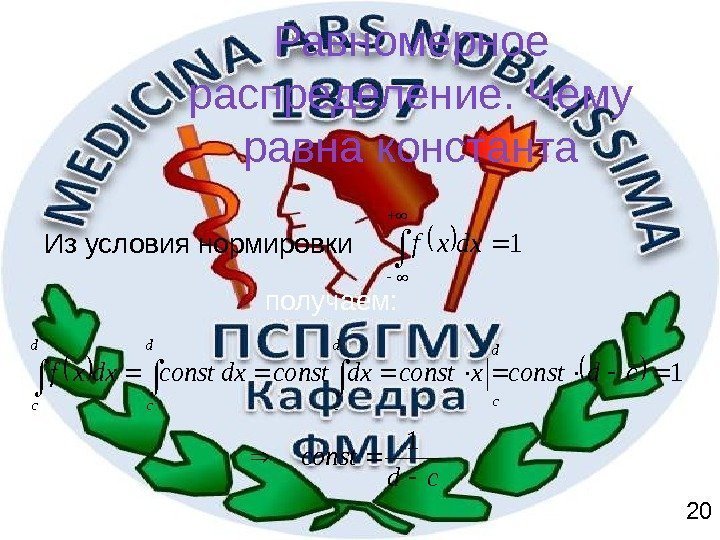 Равномерное распределение. Чему равна константа Из условия нормировки 20 получаем: 1  dxxf d