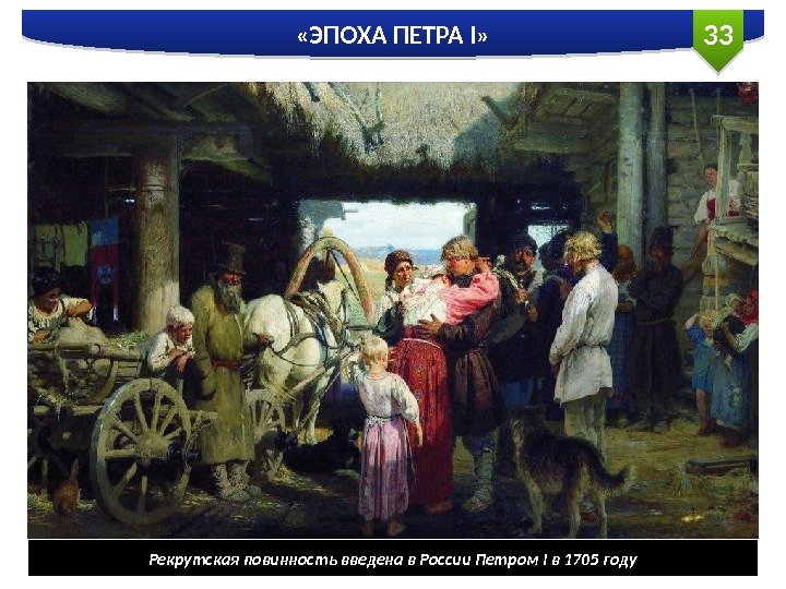 33 «ЭПОХА ПЕТРА I» Рекрутская повинность введена в России Петром I в 1705 году