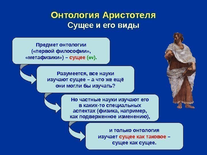   Онтология Аристотеля Сущее и его виды Предмет онтологии ( «первой философии» ,