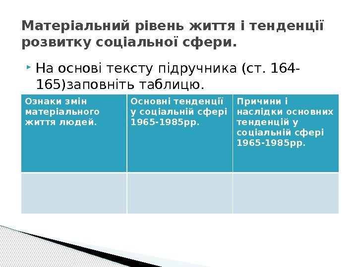 Матеріальний рівень життя і тенденції розвитку соціальної сфери.  На основі тексту підручника (ст.