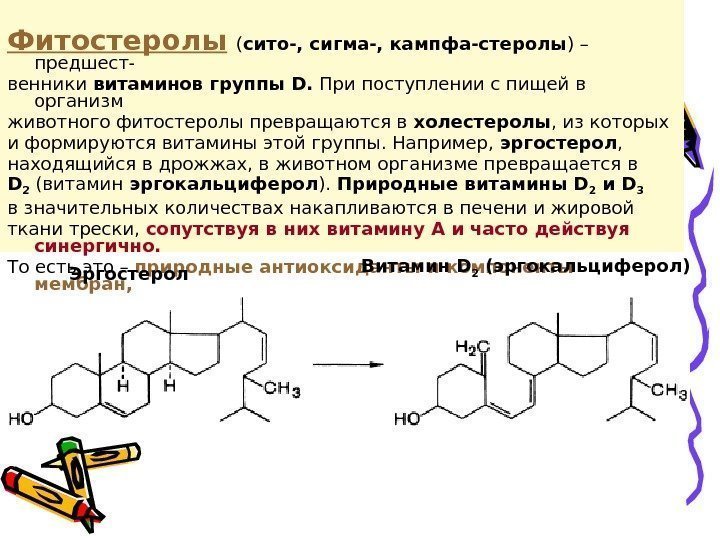Фитостеролы  ( сито-, сигма-, кампфа-стеролы ) – предшест- венники витаминов группы D. 