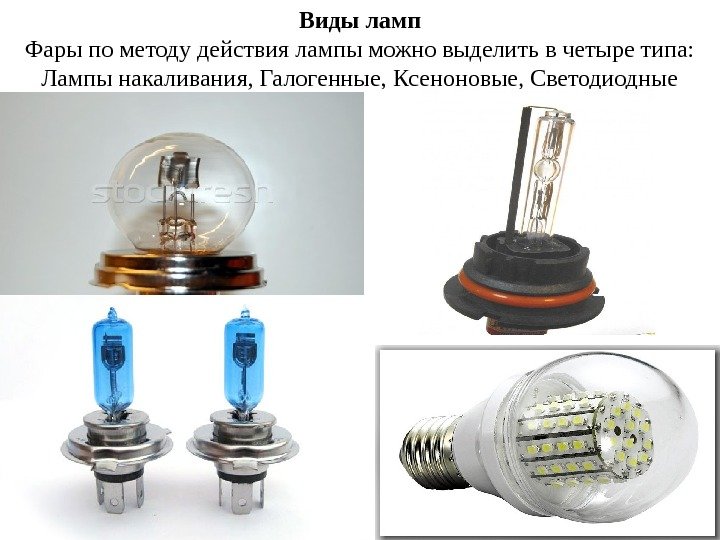 Виды ламп Фары по методу действия лампы можно выделить в четыре типа:  Лампы