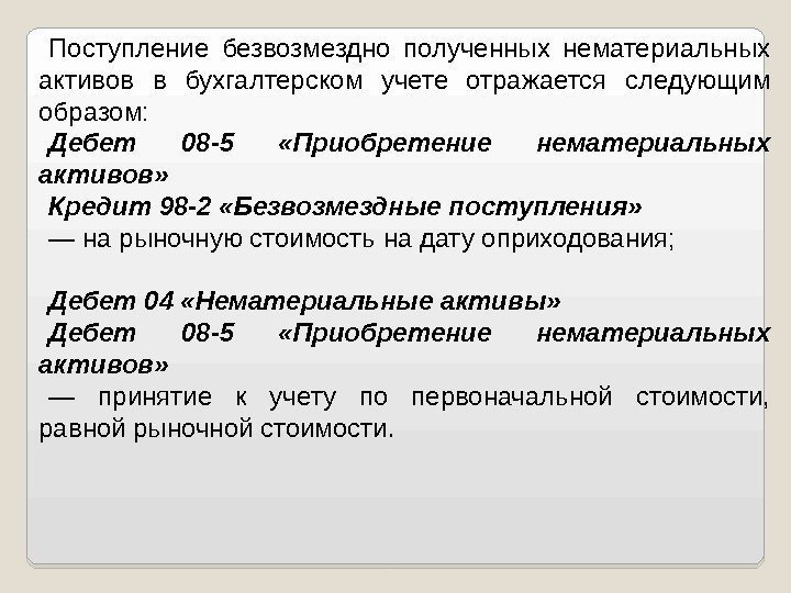 Поступление безвозмездно полученных нематериальных активов в бухгалтерском учете отражается следующим образом: Дебет 08 -5