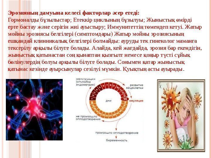 Эрозияны дамуына келесі факторлар сер етеді: ң ә Гормоналды б зылыстар; Етеккір циклыны б