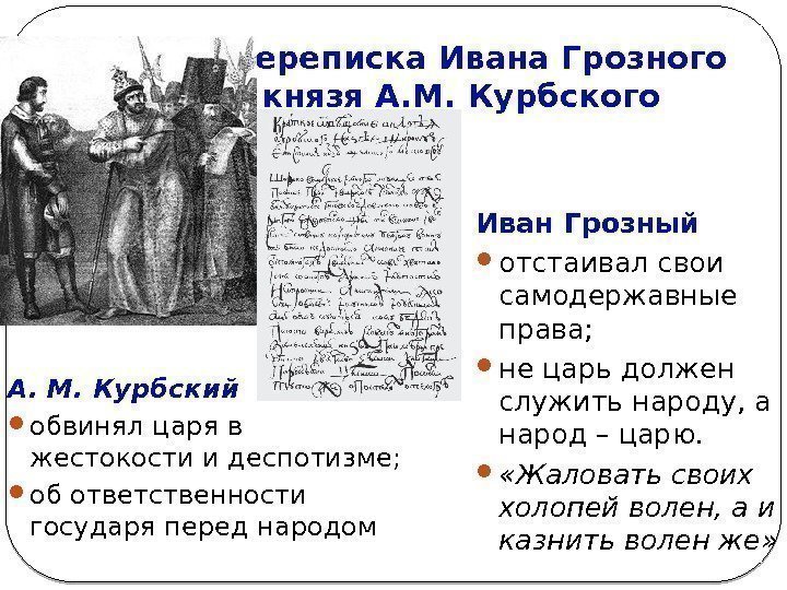 Переписка Ивана Грозного и князя А. М. Курбского А. М. Курбский обвинял царя в
