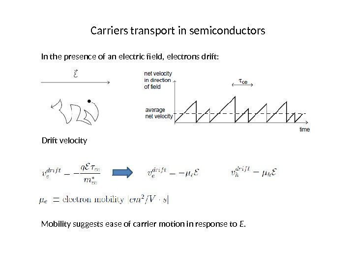 Carriers transport in semiconductors In the presence of an electric field, electrons drift: Drift
