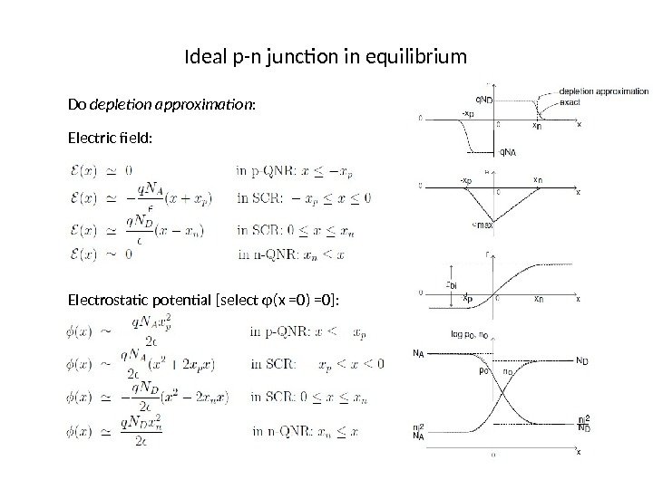 Ideal p-n junction in equilibrium Do depletion approximation : Electric field: Electrostatic potential [select