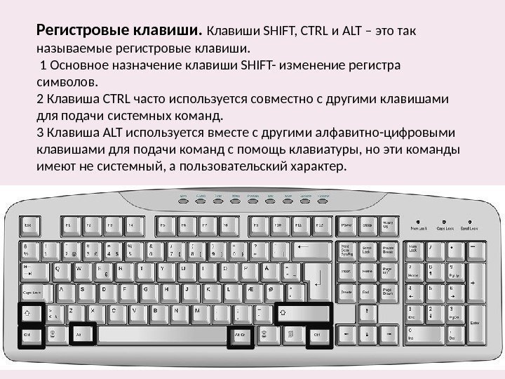 Регистровые клавиши.  Клавиши SHIFT, CTRL и ALT – это так называемые регистровые клавиши.