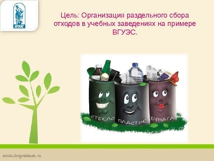 Цель: Организация раздельного сбора отходов в учебных заведениях на примере ВГУЭС. 
