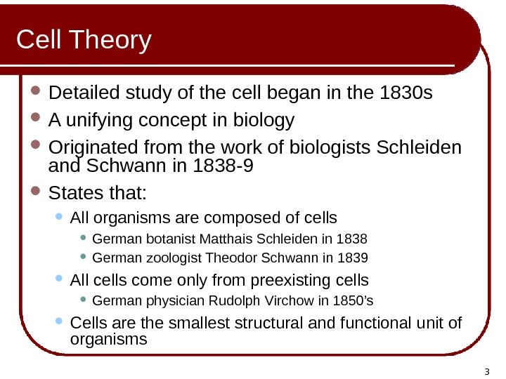 3 Cell Theory Detailed study of the cell began in the 1830 s 