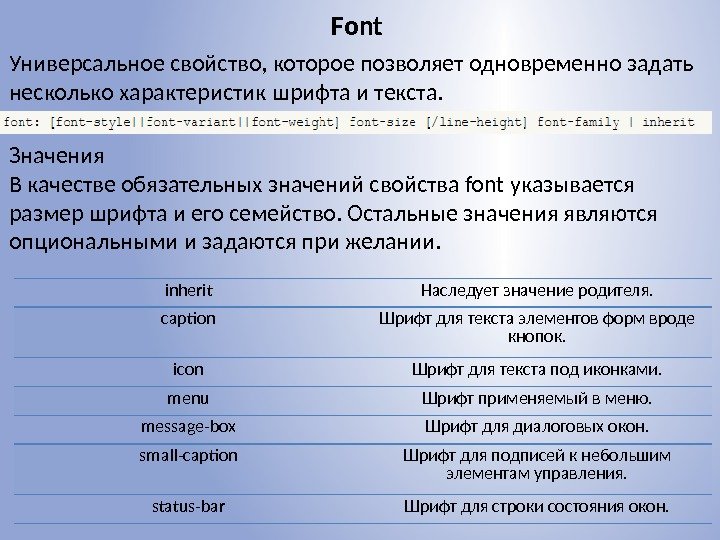 Font Универсальное свойство, которое позволяет одновременно задать несколько характеристик шрифта и текста. inherit Наследует