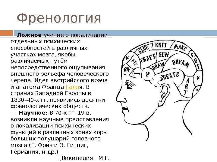 Френология Ложное учение о локализации отдельных психических способностей в различных участках мозга, якобы различаемых