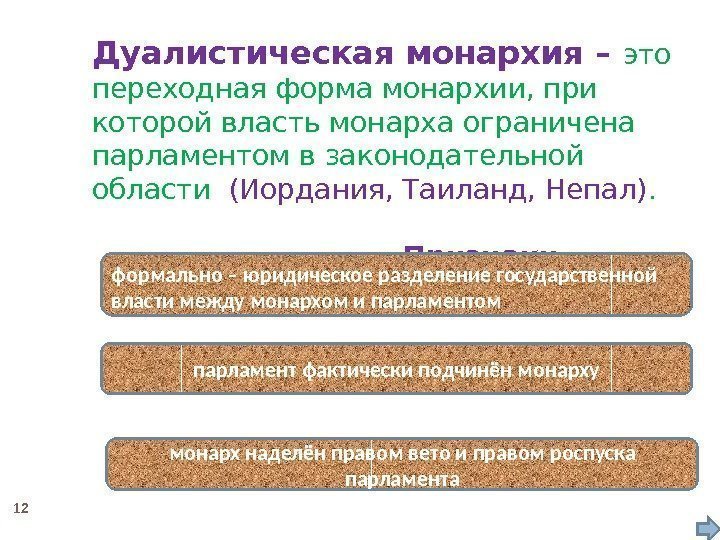 Дуалистическая монархия – это  переходная форма монархии, при которой власть монарха ограничена парламентом