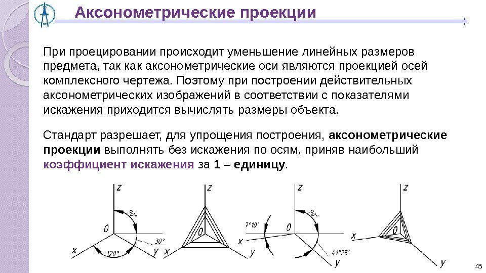 Коэффициент проекции. Аксонометрические проекции коэффициенты искажения. Расположение аксонометрических осей. Цель построения аксонометрической проекции. Аксонометрические проекции подразделяются на.