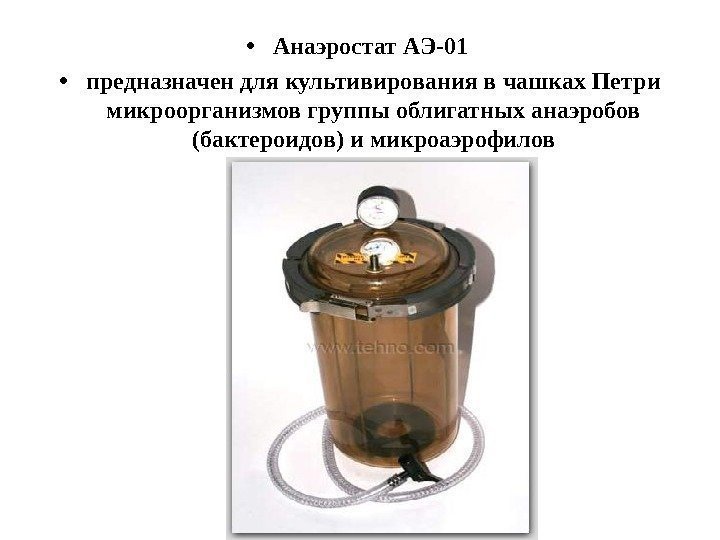 • Анаэростат АЭ-01  • предназначен для культивирования в чашках Петри микроорганизмов группы