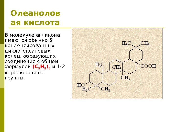Олеанолов ая кислота В молекуле агликона имеются обычно 5 конденсированных циклогексановых колец, образующих соединение