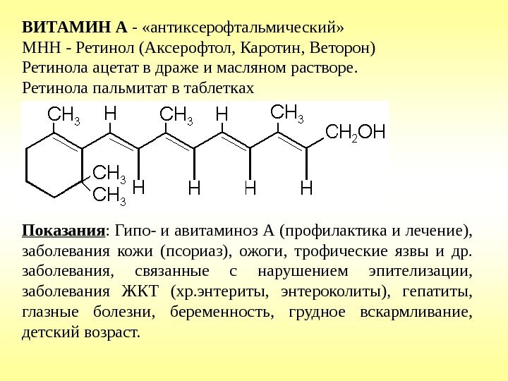 ВИТАМИН А - «антиксерофтальмический» МНН - Ретинол (Аксерофтол, Каротин, Веторон) Ретинола ацетат в драже