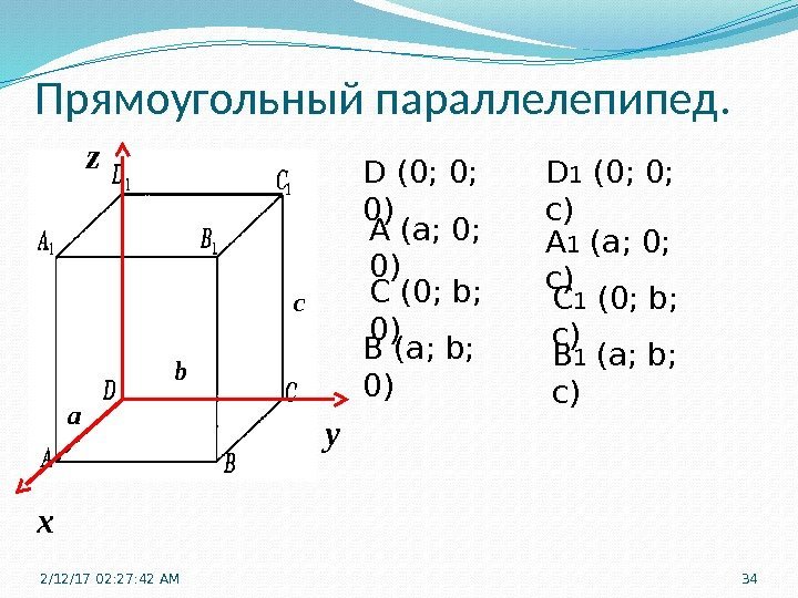 Прямоугольный параллелепипед. х уz D (0; 0;  0) A (a; 0;  0)