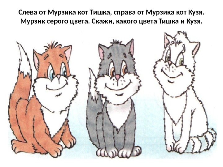 Слева от Мурзика кот Тишка, справа от Мурзика кот Кузя. Мурзик серого цвета. Скажи,