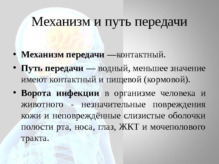 Механизм и путь передачи • Механизм передачи —контактный.  • Путь передачи — водный,