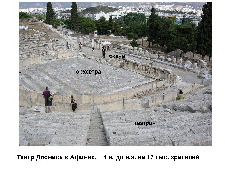 Театр Диониса в Афинах. 4 в. до н. э. на 17 тыс. зрителей орхестра