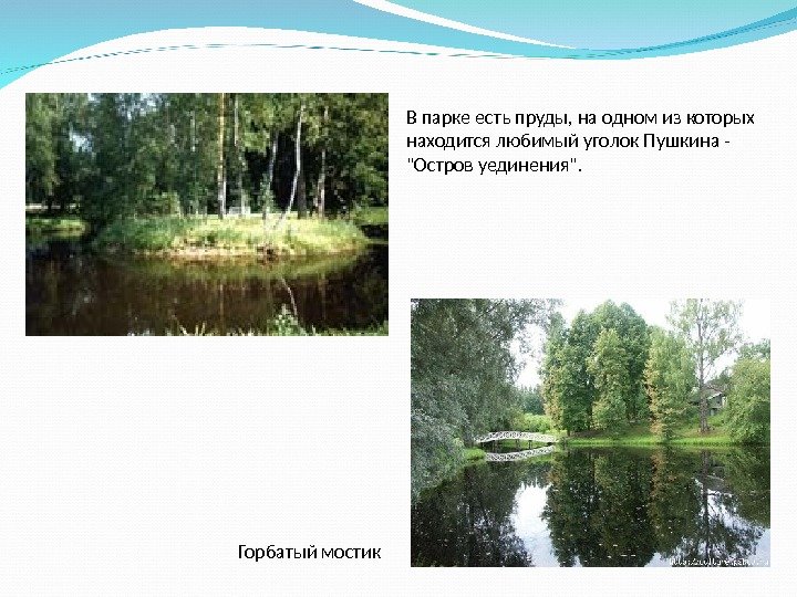 В парке есть пруды, на одном из которых находится любимый уголок Пушкина - Остров
