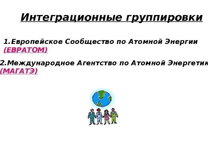 Интеграционные группировки 1. Европейское Сообщество по Атомной Энергии (ЕВРАТОМ) 2. Международное Агентство по Атомной