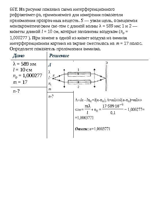 66 Т. На рисунке показана схема интерференционного рефрактомет-ра, применяемого для измерения показателя преломления прозрач-ных