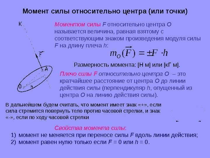   Момент силы относительно центра (или точки) Моментом силы  F относительно центра