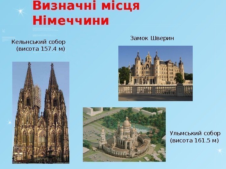 Визначні місця Німеччини Замок Шверин Кельнський собор Ульмський собор (висота 161. 5 м)(висота 157.