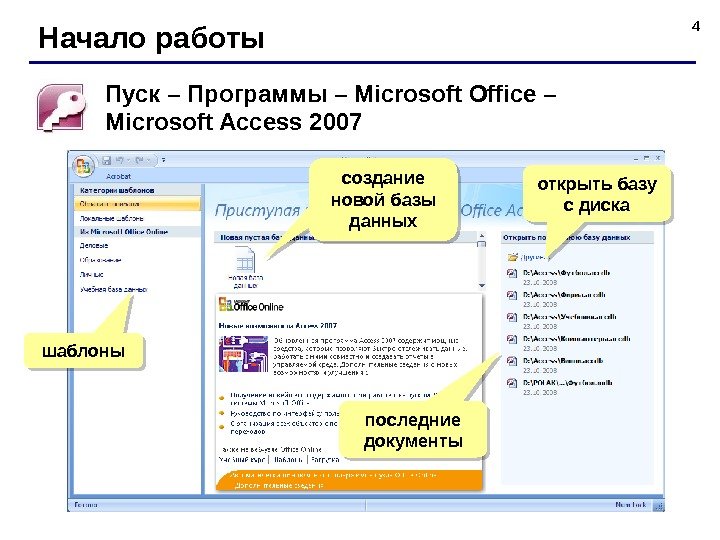 4 Начало работы Пуск – Программы – Microsoft Office – Microsoft Access 2007 шаблоны