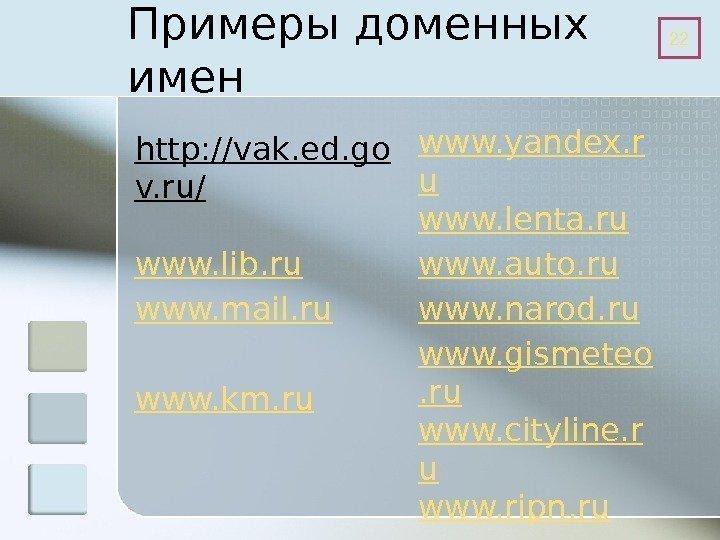 Примеры доменных имен www. yandex. r u www. lenta. ru www. auto. ru www.