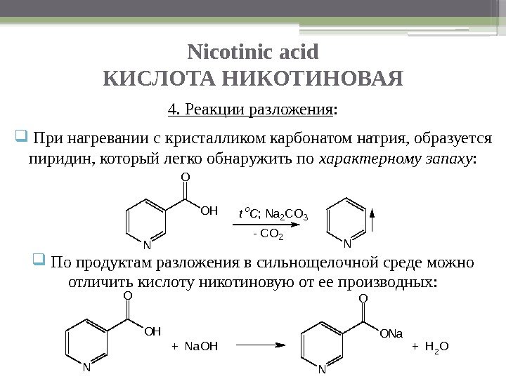 Nicotinic acid КИСЛОТА НИКОТИНОВАЯ  По продуктам разложения в сильнощелочной среде можно отличить кислоту