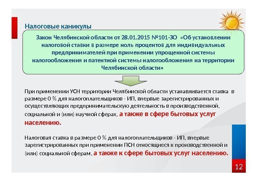 12 Налоговые каникулы Закон Челябинской области от 28. 01. 2015 № 101 -ЗО 