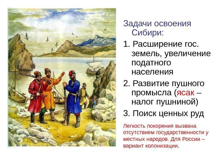 Задачи освоения Сибири: 1. Расширение гос.  земель, увеличение податного населения 2. Развитие пушного