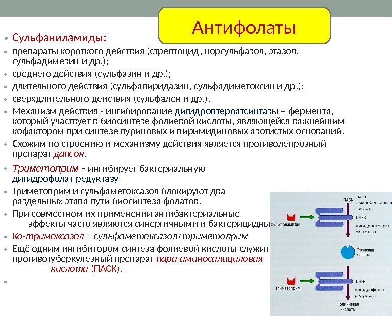  • Сульфаниламиды:  • препараты короткого действия (стрептоцид, норсульфазол, этазол,  сульфадимезин и