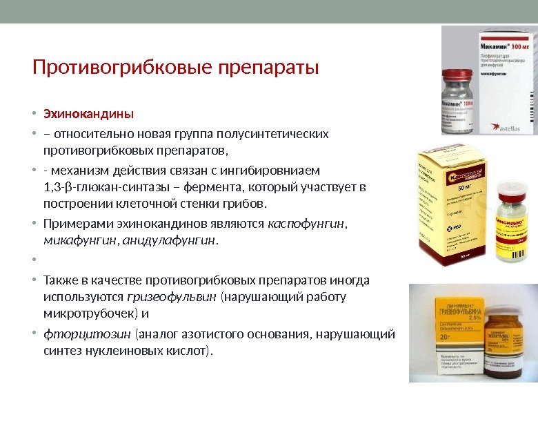 Противогрибковые препараты • Эхинокандины  • – относительно новая группа полусинтетических противогрибковых препаратов, 