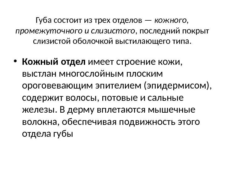 Губа состоит из трех отделов — кожного,  промежуточного и слизистого , последний покрыт