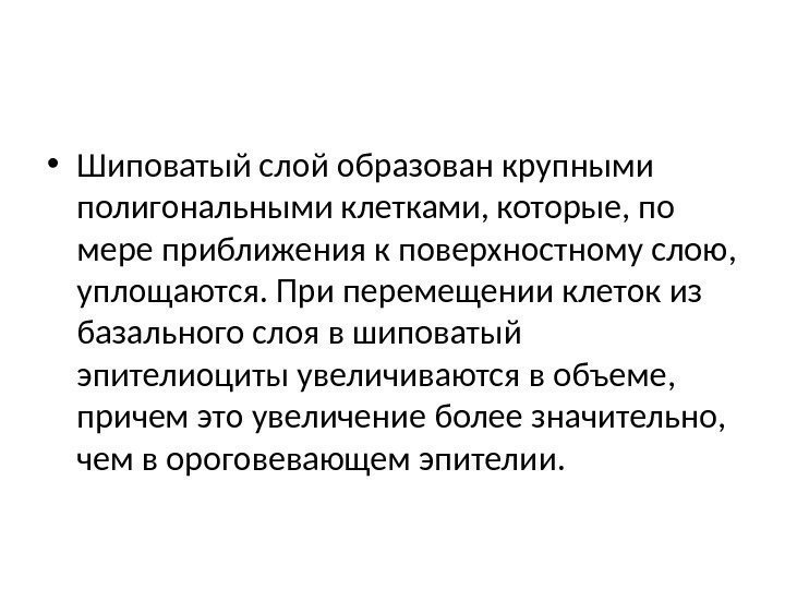  • Шиповатый слой образован крупными полигональными клетками, которые, по мере приближения к поверхностному