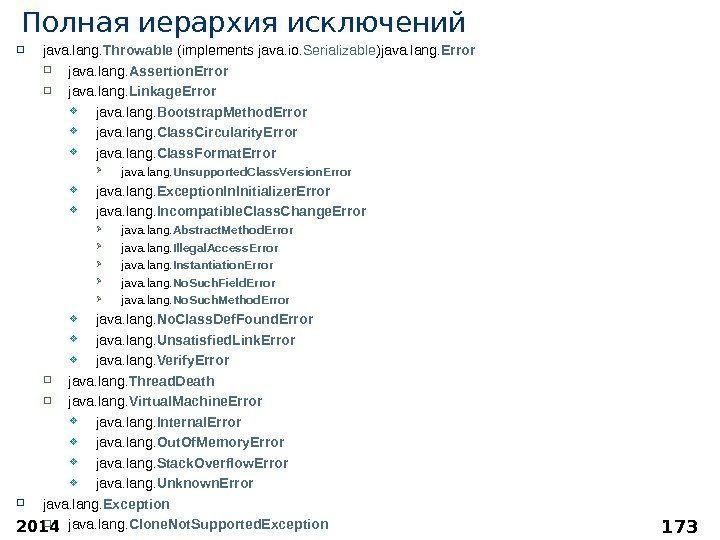 2014 173 Полная иерархия исключений java. lang. Throwable (implements java. io. Serializable )java. lang.